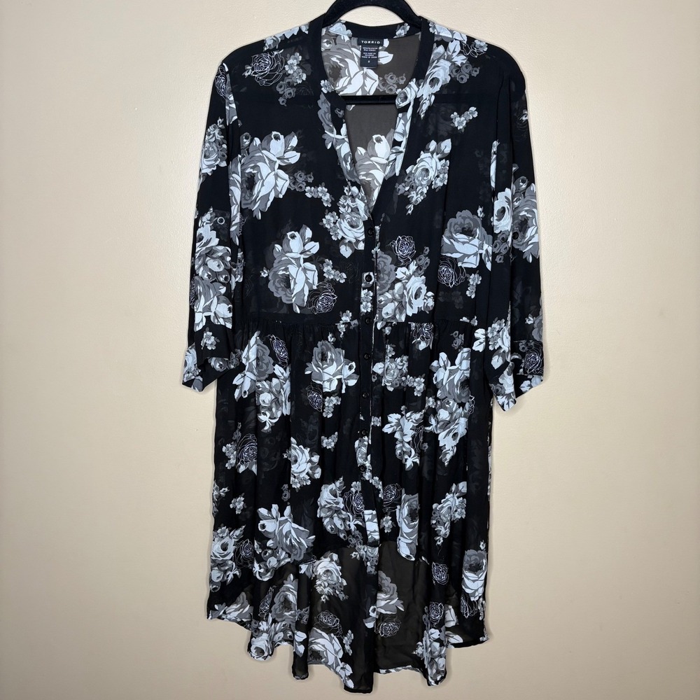 Torrid Black Floral Chiffon High Low Button Front Tunic Top Womens Plus Size 0 L